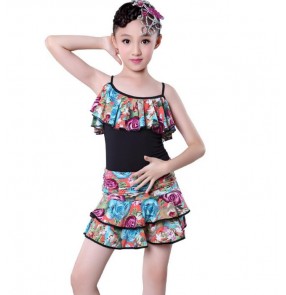 Floral printed red fuchsia hot pink red dew off shoulder ruffles neck girls kids children performance competition professional latin salsa cha cha dance dresses outfits